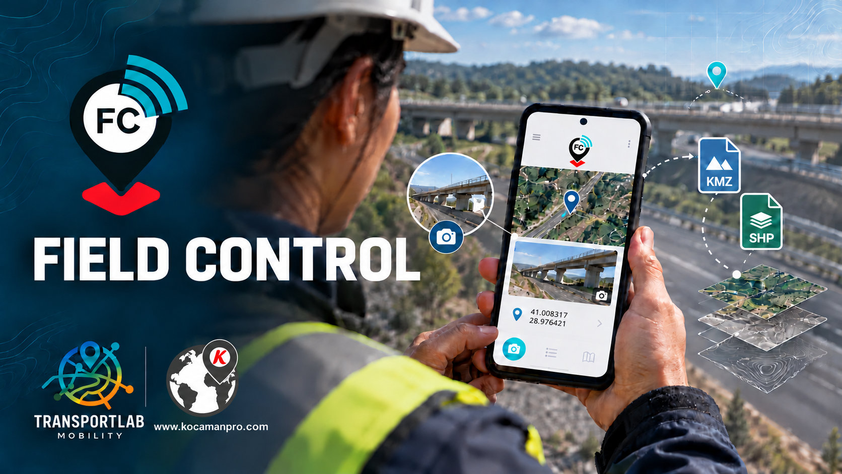 A field engineer uses the Field Control app to photograph road infrastructure, record its GPS location, and export the data in KMZ and SHP formats