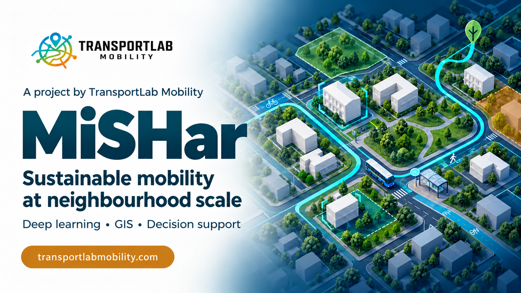 Conceptual neighbourhood illustration for MiSHar showing building detection, green spaces, walking and cycling routes, and public transport